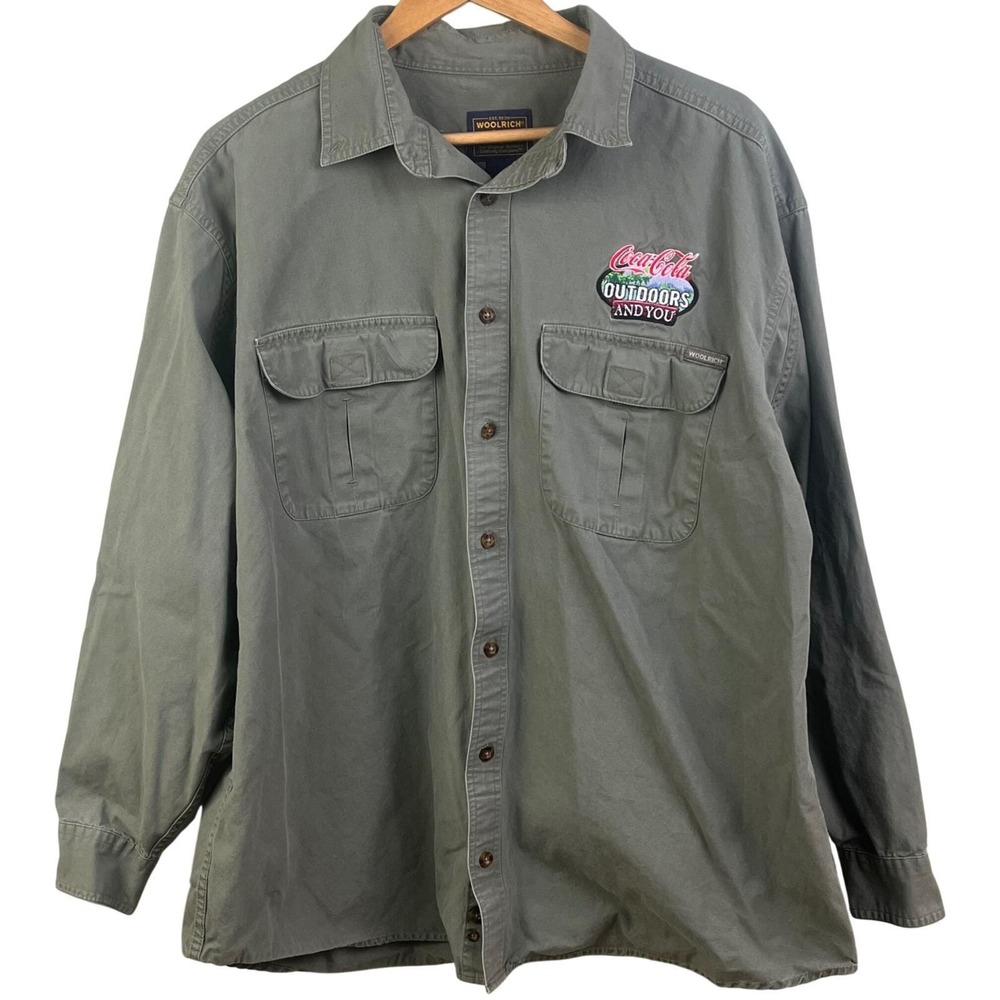 Woolrich Olive Green Canvas Long Sleeve Shirt Coca Cola Outdoors Patch XL Read